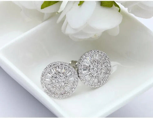 Baguette 18K White Gold Plated Round Cut Cubic Zircon Men Women Cluster Earrings